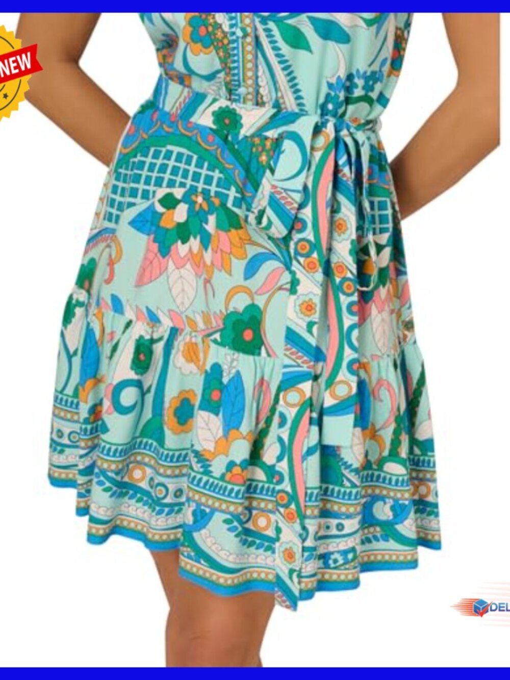 Printed Halter Sundress, A-Line Flounce Hem, Button Front, Tie Belt - Picture 5 of 5